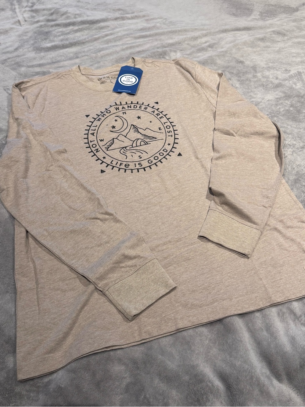 Life Is Good Men's Long-Sleeve Graphic Tee in Tan with Black Print